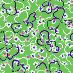 Summer nature botanical background. Large and small daisy flowers. Floral seamless pattern. Outline contour drawing. Flat shadow flowers ornament with simple design. Good for textile and fabric.