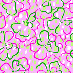 Floral seamless pattern. Summer nature botanical background. Large daisy flowers mixed with spotted texture. Outline contour drawing. Good for textile and fabric.