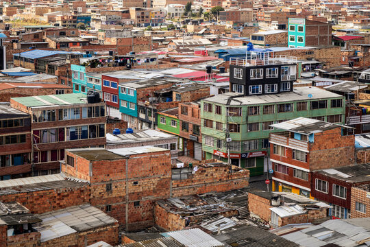 Panorama of Comuna El Pariiso, the city slum, Bogota, Colombia