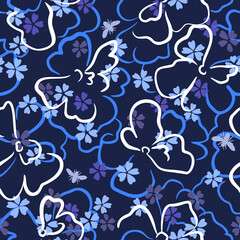 Obraz premium Summer nature botanical background. Large and small daisy flowers. Floral seamless pattern. Outline contour drawing. Flat shadow flowers ornament with simple design. Good for textile and fabric.