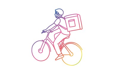 Delivery man in helmet rides a bicycle. Gradient line. Vector illustration.