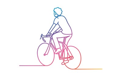 Young man riding a bike. Gradient line. Vector illustration. 