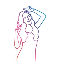 Young girl with closed eyes and raised hands dancing. Gradient line. Vector illustration. 