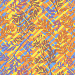 Fototapeta na wymiar Chevron seamless pattern mixed with leaf branches and twigs silhouettes. Abstract floral and geometric background with artistic zigzag lines texture. Nature ornament. Good for fashion, textile, fabric