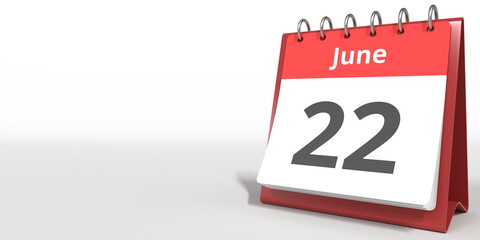 June 22 date on the flip calendar page, 3d rendering