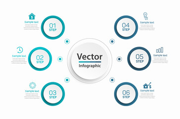 Modern vector  infographic template with 6 steps for business.  Can be used for workflow layout, diagram, annual report, web design