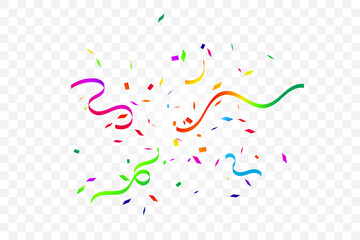 Colorful Confetti And Ribbon Falling On Transparent Background. Vector Illustration