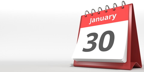January 30 date on the flip calendar page, 3d rendering