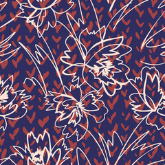Simple geometric floral background. Seamless pattern with hand drawn flowers mixed with chevron background. Line art .Contour drawing. Sketch style. Fashion design for your textile and fabric.
