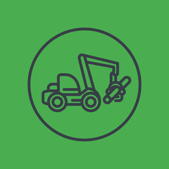 Forest harvester line icon in circle, wheeled feller buncher, timber harvesting machine