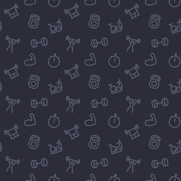 fitness, gym pattern, dark seamless background with line icons