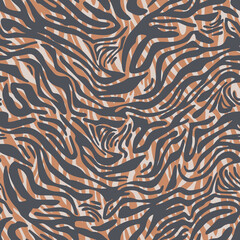Geometric seamless pattern made of rough borders stripes mixed with curved wavy lines. Artistic zebra striped animal skin texture background. Abstract shapes. Fashion style.