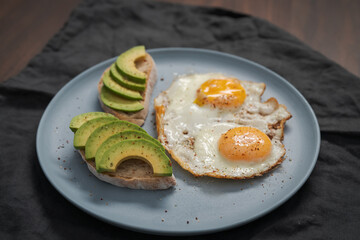 fried egg with two avocado sandwiches for breakfast on a blue plate