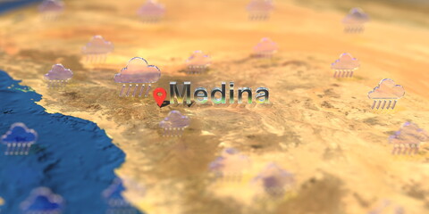 Rainy weather icons near Medina city on the map, weather forecast related 3D rendering