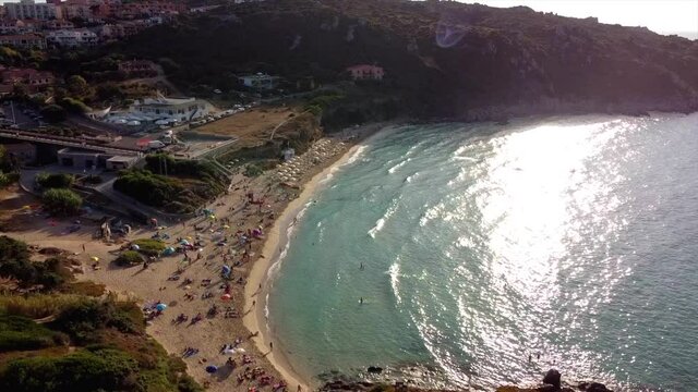 Aerial view over the scenic beach called Rena Bianca, one of the main highlights in Santa Teresa Gallura, North Sardinia, Italy