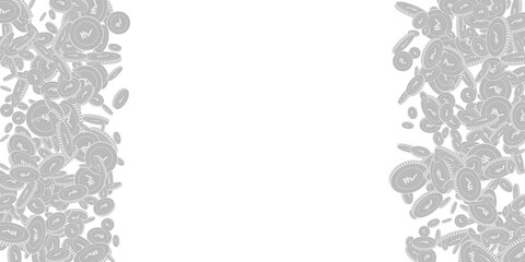 Indian rupee coins falling. Scattered black and wh