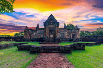 Muang Tam sanctuary stone castle on sunset background famous landmark of Buriram province in...