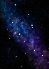 Milky night sky with stars and nebula. Blue and purple starry sky background.