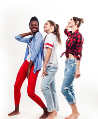 Fototapeta premium diverse nation girls group, teenage friends company cheerful having fun, happy smiling, cute posing isolated on white background, lifestyle people concept