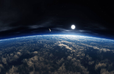 Earth view from low orbit, sunrise over the earth, 3d rendering