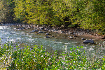 Obraz na płótnie Canvas Strong water flow of a mountain river near a rocky shore