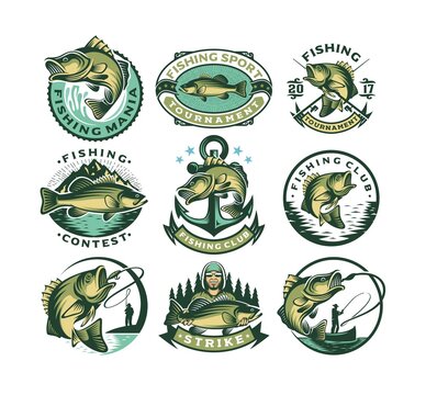 Set of vintage bass fishing labels, logo badges and design elements