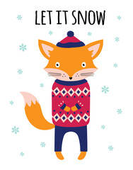 winter card with cute fox isolated on white