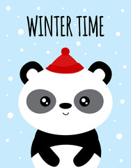 winter card with cute panda, vector illustration