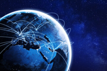 Connections around planet Earth viewed from space at night, cities connected around the globe by...