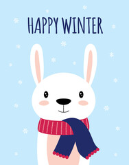 winter card with cute rabbit, vector illustration