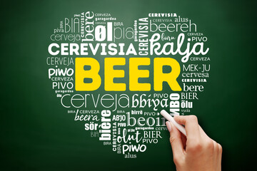 BEER love heart in different languages of the world (english, french, german, etc), Word Cloud...