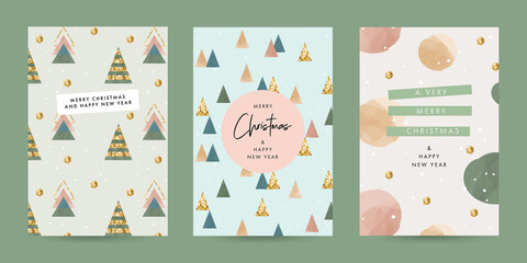 Merry Christmas and Happy New Year Set of greeting cards, posters, holiday covers. Trendy modern Xmas design templates with typography, foil pressed firs, dots and watercolor textured elements.