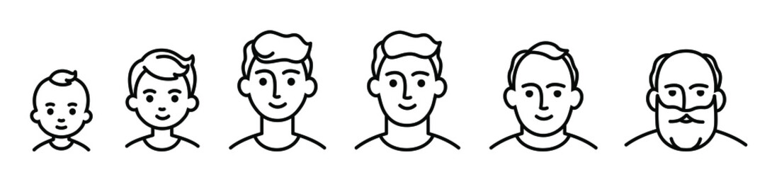 Portrait of a males at different ages, preschooler kid 1-5 years old, primary school age 6-9, senior school age 10-14, 15-18, young man 19-30, average 40-50, elderly 60-80. black and white icon