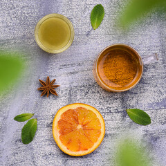 Cup of tea and fruit on the table