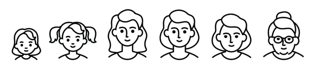 Portrait of woman at different ages, preschooler kid 1-5 years old, primary school age 6-9, senior school age 10-14, teenager 15-18, young man 19-30, average 40-50, elderly 60-80. black line icon