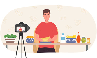 A male video blogger is filming a video about how he cooks and eats healthy and fresh food. Flat cartoon vector illustration