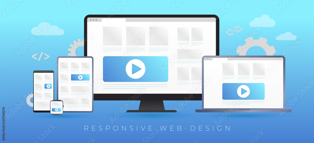 Aufkleber responsive website design vector concept. flat design in trendy color, seo concept with gadgets - de