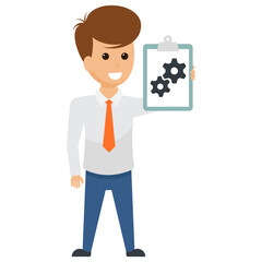 An executive avatar holding a chart showing management and strategies regarding his business.