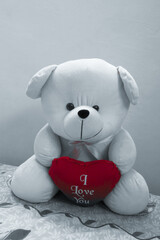 sad teddy fell in love holding heart in hand