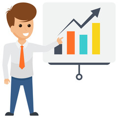 
A financer avatar standing on a presentation board illustrating business evaluation via bar graph. 
