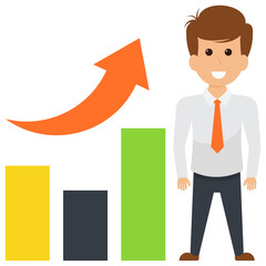 
A financer avatar standing on a presentation board illustrating business evaluation via bar graph. 
