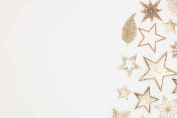 Christmas flatlay decor background on the white wooden table.