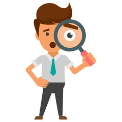 
A businessman in formal wear looking through a magnifying glass presenting concept of analysis
