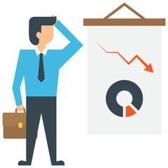 
Cartoon character of a confused orator standing in front pie chart with hand over head giving puzzled gesture 
