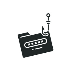 Password phishing icon. Network data security and hack, hacking. Cyber attack, online scam, password and fishing hook. solid or glyph pictogram. vector illustration. design on white background. EPS 10