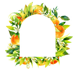 Beautiful frame composition made of hand drawn watercolour citrus fruits leaves and flowers.