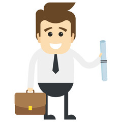 
Here is a cartoon character icon of businessman gripping certificate and briefcase in both hands
