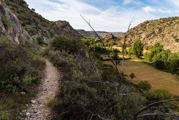 Sendero en el cañón del rio Dulce y campo en Aragosa. Guadalajara. España. Europa.