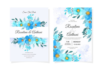 Fototapeta na wymiar Elegant wedding invitation card with blue floral watercolor