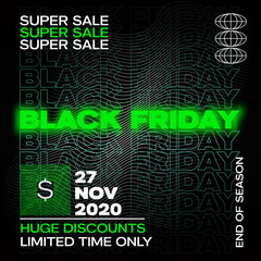 Neon Black Friday Typography Banner, Poster or Flayer Template. Creative Wave Grid Background Concept. Abstract Fluorescent Decorative Elements. Sale Promotion or Advertising Luminous Layout